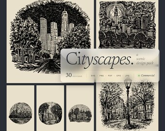 May include: A set of black and white cityscape designs featuring illustrations of city skylines, streets, and buildings. The text "Cityscapes" is displayed on a transparent overlay, along with "30 designs" and file type icons.