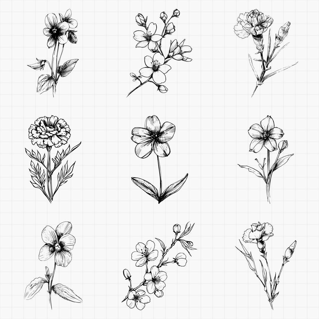 Birth Month Flowers Bundle PNG & SVG for Laser Engraving or Print, Fine ...