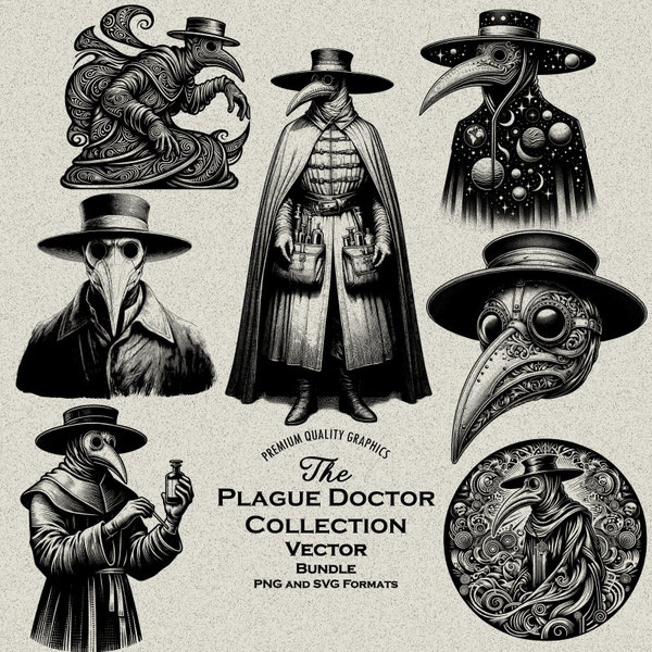 40 Plague Doctor Designs Bundle SVG & PNG  for Laser Engraving or Print: Silhouette, Medieval, Steampunk, Fantasy, Mystical, Crow Mask