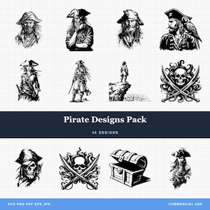 Pirate Designs Bundle PNG and SVG For Laser Engraving or Print, Cut, Skull, Crossbones, Treasure, Flag, Captain, Woman Pirate, Map, Booty