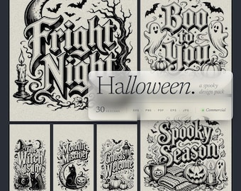 Paquete de 30 archivos SVG para tablas de cortar de Halloween, frases espeluznantes talladas en relieve para láser.