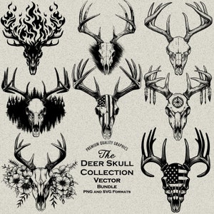 Ensemble de 54 motifs de crâne de cerf, SVG et PNG, gravure ou impression laser. Western, Indigène, Chasse, Drapeau américain, Fleurs, Far West, Forêt, Nature