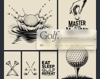 May include: A collection of golf-themed designs in black and white. The images include a golf ball splashing in water, a hand placing a ball, golf tees, crossed golf clubs, and a golf ball on a tee with grass. Text includes "Golf", "Master of the Game", and "Eat Sleep Golf Repeat".