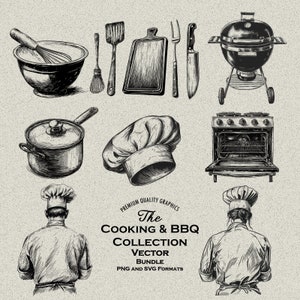 73 Pacote de design de cozinha e churrasco PNG e SVG para gravação ou impressão a laser, chapéu de chef, avental, grelha, colher, garfo, panela, panela, forno, espátula, concha