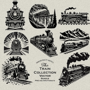 Paquete de 40 diseños de trenes PNG y SVG digitales para grabado, corte o impresión láser, tren de vapor, locomotora, arte de tren, fuga de tren, puente
