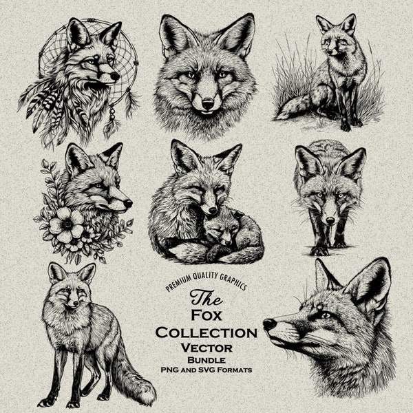47 Fox Designs Bundle PNG & SVG Digital For Laser Engraving or Print, Fox flowers, Fox Head, Native, Wildlife, Fox Pup Baby, Animal Line Art