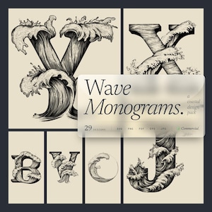 Könnte beinhalten: Eine Sammlung von Wellen-Monogramm-Designs in Schwarz und Weiß. Die Buchstaben sind mit Meereswellen gestaltet. Das Bild enthält den Text "Wave Monograms" und "a coastal design pack". Das Design-Paket enthält 29 Designs.