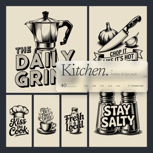 Könnte beinhalten: Eine Sammlung von schwarz-weißen Illustrationen zum Thema Küche. Enthält eine Kaffeemaschine, ein Messer mit Knoblauch, eine Kochmütze, eine Kaffeetasse, eine Flasche und Salzstreuer. Text enthält "The Daily Grind", "Chop It Like It's Hot", "Kiss the Cook", "But First Coffee".