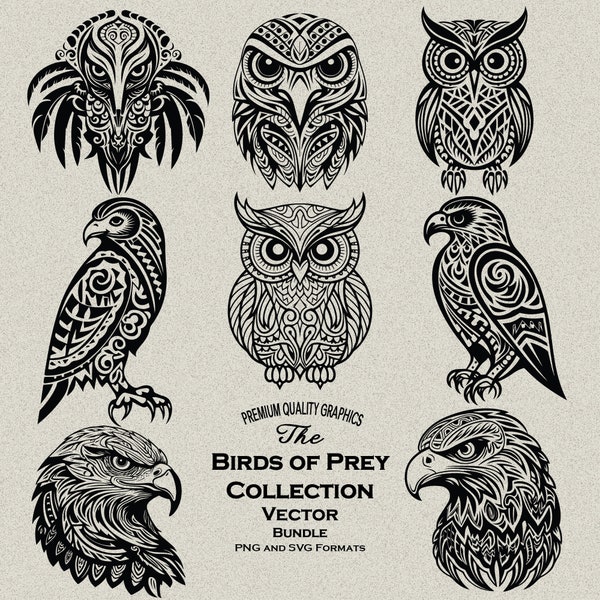 25 Tribal Birds of Prey Bundle SVG & PNG Files, For Engraving, Cutting and Print Projects, Eagle, Eagle head, Owl, Owl head, Hawk, Māori,