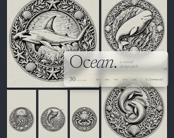 Paquete de 30 medallones SVG con relieve oceánico, vida marina de tiburones ballena para grabado láser.