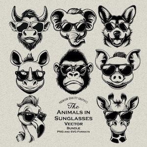 78 dieren met zonnebril SVG & PNG bundel graveren, afdrukken of knippen Cricut Jungle Animal Lion Tiger Hippo Giraffe Zebra Monkey Zoo Savanna