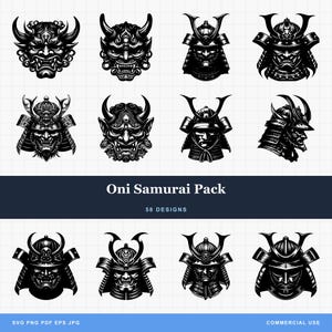 Japanese Oni Samurai mask helmet Bundle SVG-PNG Designs for Laser Engraving and Print-on-Demand, Samurai Head , Oni Head, Oni Tattoo