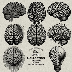 33 designs de pacotes SVG e PNG de cérebro para gravação a laser ou impressão, IA, flores digitais Cérebro floral, anatomia, saúde mental, anatomia médica