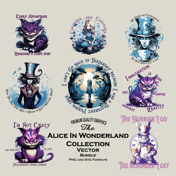10 Alice in Wonderland Digital Download Bundle - SVG & PNG Designs with Book Quotes and affirmations, White Rabbit, Cheshire Cat, Mad Hatter