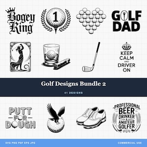 Diseños divertidos de golf en SVG y PNG, paquete de archivos digitales para grabado láser o impresión. Humor sobre cerveza de golf, calaveras y frases de papá golfista.