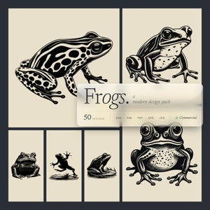 May include: A collection of black and white frog illustrations in various poses. The image includes the text "Frogs. a modern design pack" and details about the design pack, including the number of designs and file types.