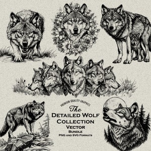 Lot de 40 motifs de loups détaillés SVG et PNG pour une gravure ou une impression au laser : art du loup, meute de loups, hurlement à la lune, chasse, grognements,