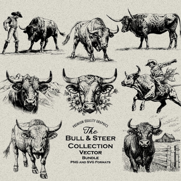 36 Bull Designs Bundle PNG & SVG For Laser Engraving or Print, Texas Longhorn, Steer, Bull head, Rodeo, Bull on Farm, Matador, Western Scene