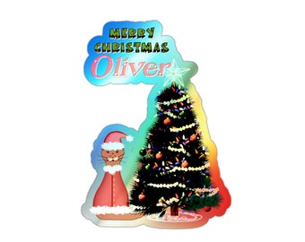 Oliver Dressed as Santa by His Christmas Tree Holographic Die-cut Stickers