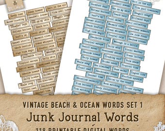 May include: Two sets of printable digital words with a vintage beach and ocean theme. Each word is on a rectangular label with a distressed look. The words include phrases like "Sandy toes," "Ocean breeze," and "Mermaid vibes." The title reads "Vintage Beach & Ocean Words Set 1."