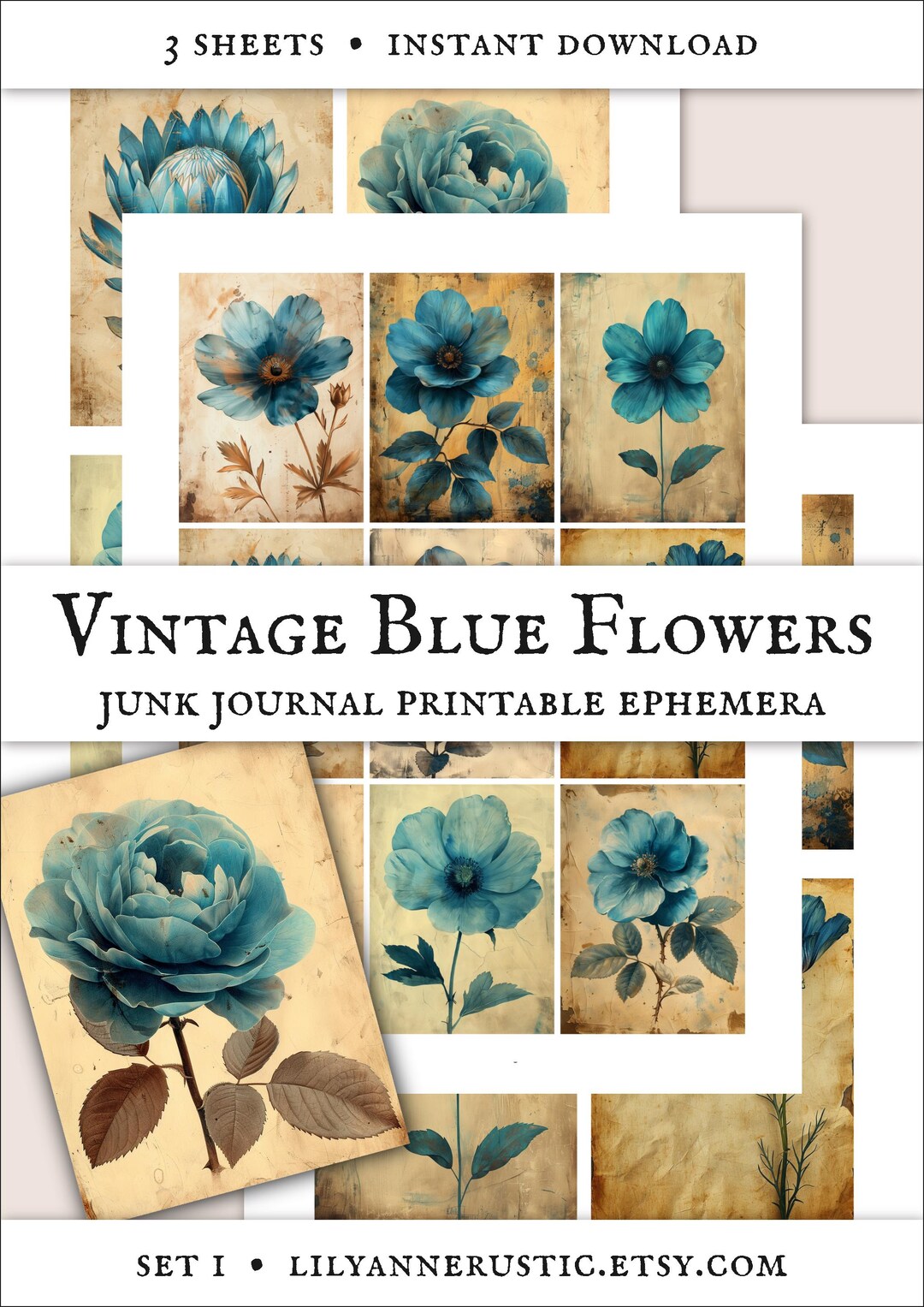 Blue Floral Ephemera Printable, Vintage Flower Junk Journal Kit ...