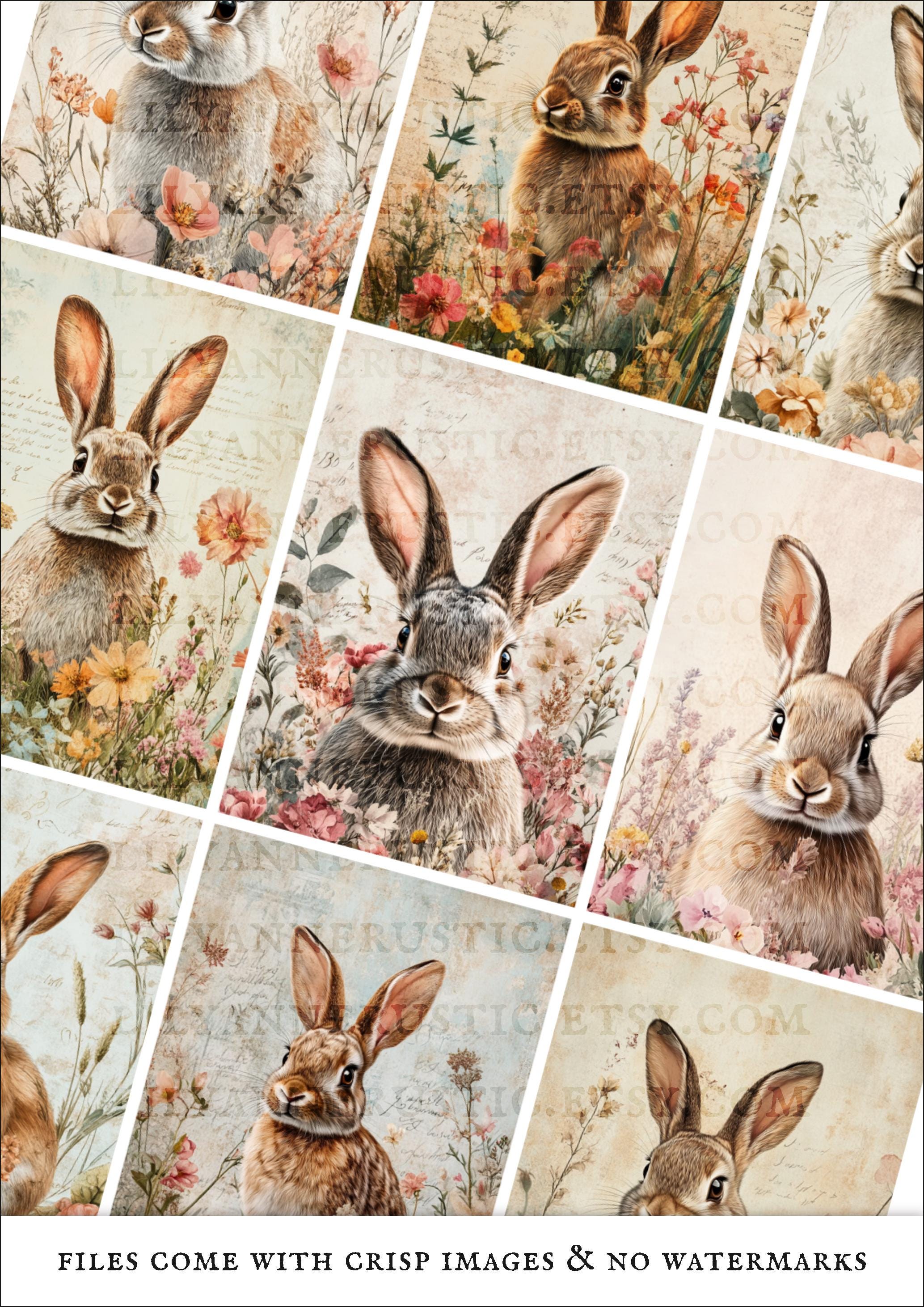 Vintage Botanical Bunny Ephemera Printable, Floral Rabbit Junk Journal ...