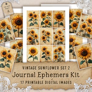 Sunflower Junk Journal Printable Floral Ephemera Vintage Scrapbooking Paper Summer Digital Download Plant Images Collage Sheet