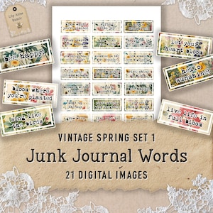 Citations positives de printemps du journal, mots inspirants, impression numérique éphémère vintage, étiquettes phrases, pages de journal, album de scrapbooking