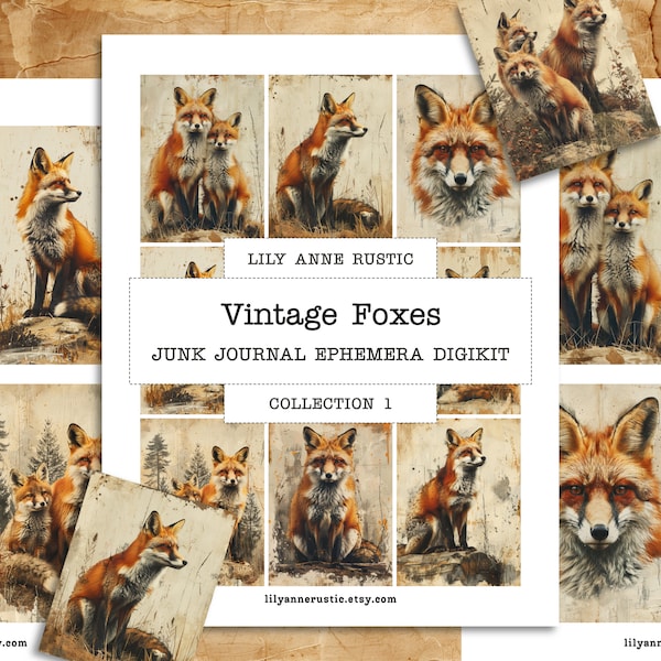 Vintage fox digikit junk journal ephemera kit animal paper printable digital vintage woodland fox images for scrapbooking and journaling