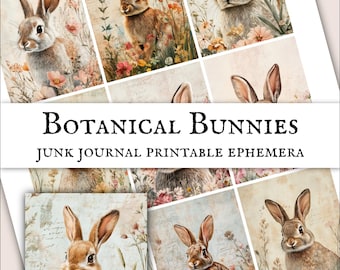Vintage botanische Kaninchen Ephemera Printable, Floral Kaninchen Junk Journal Seite, Cottagecore Scrapbook Papier digitaler Download