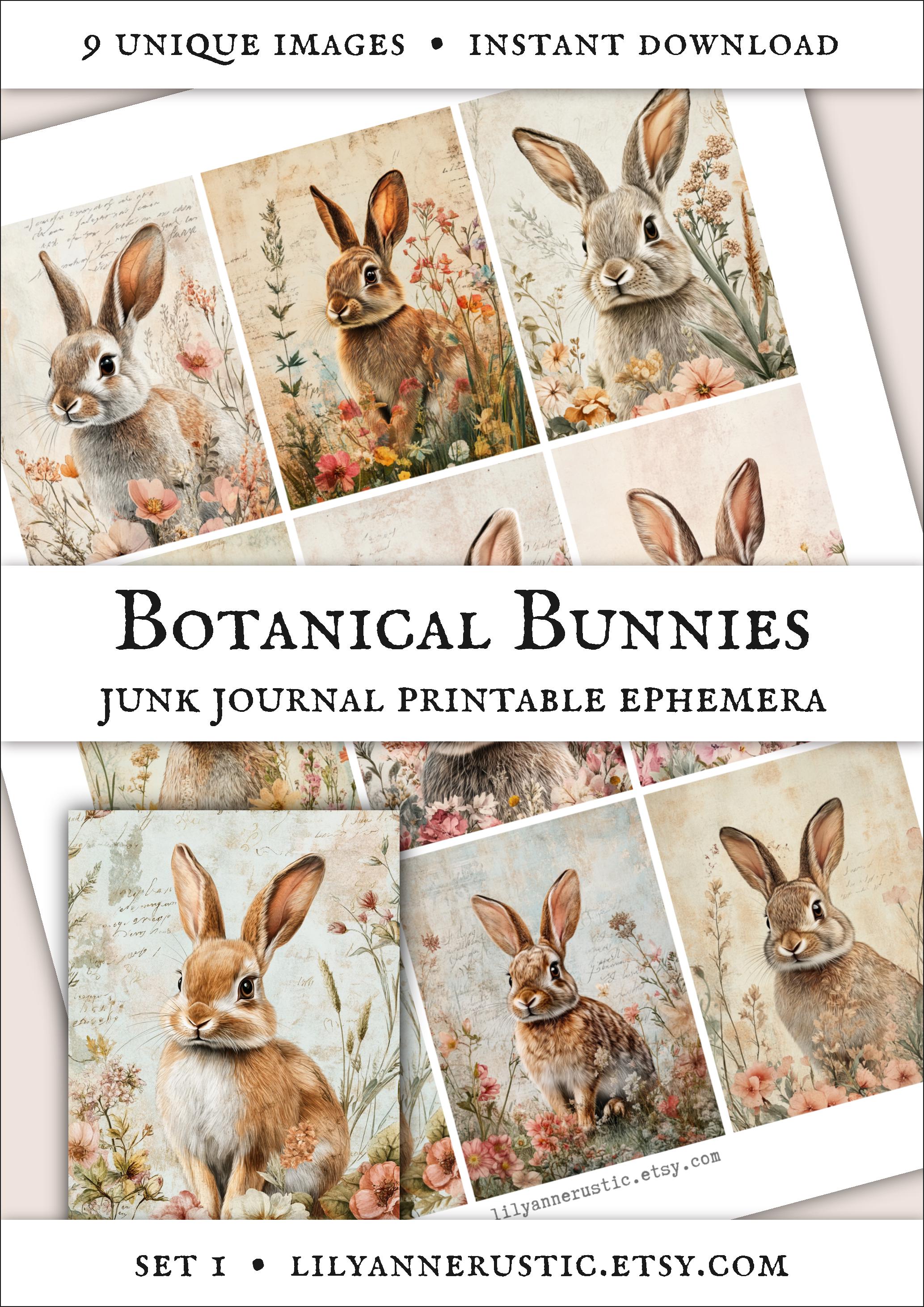 Vintage Botanical Bunny Ephemera Printable, Floral Rabbit Junk Journal ...