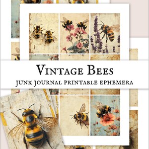 Wydruk z efemerydą z motywem pszczół w stylu vintage, zestaw do dziennika „Bee Junk”, arkusz z botanicznym kolażem z pszczołami, rustykalny papier do scrapbookingu, pobierz efemerydę przyrodniczą