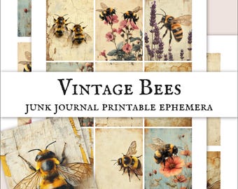 Vintage Bumblebee Ephemera Printable, Bee Junk Journal Kit, Botanical Bee Collage Sheet, Rustic Scrapbook Paper, Nature Ephemera Download