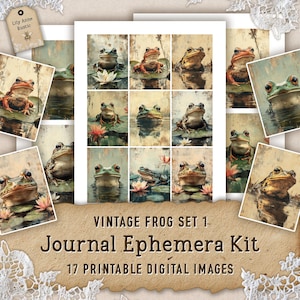 Diario basura de ranas imprimible, efímeras de la naturaleza, papel de scrapbooking vintage, descarga digital de animales, imágenes de verano, hoja de collage