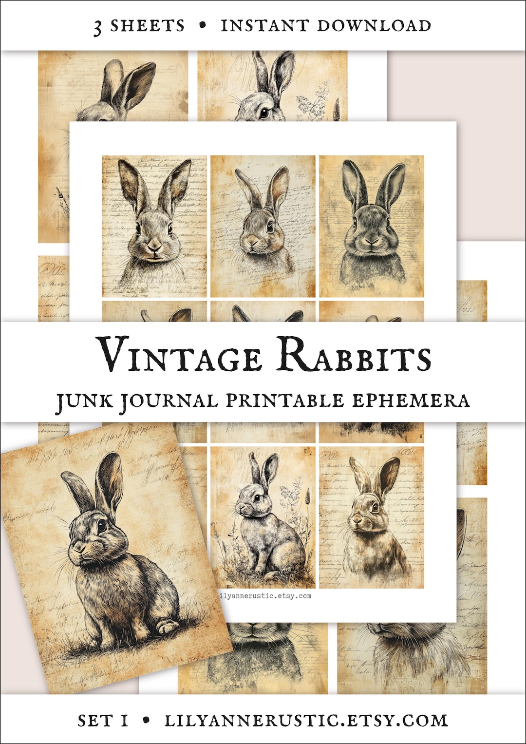 Printable Vintage Rabbit Ephemera Kit – Junk Journal / Scrapbook ...