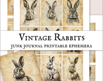Printable Vintage Rabbit Ephemera Kit – Junk Journal / Scrapbook Collage Sheets & Animal Digital Paper – Bunny/Hare Art PNG