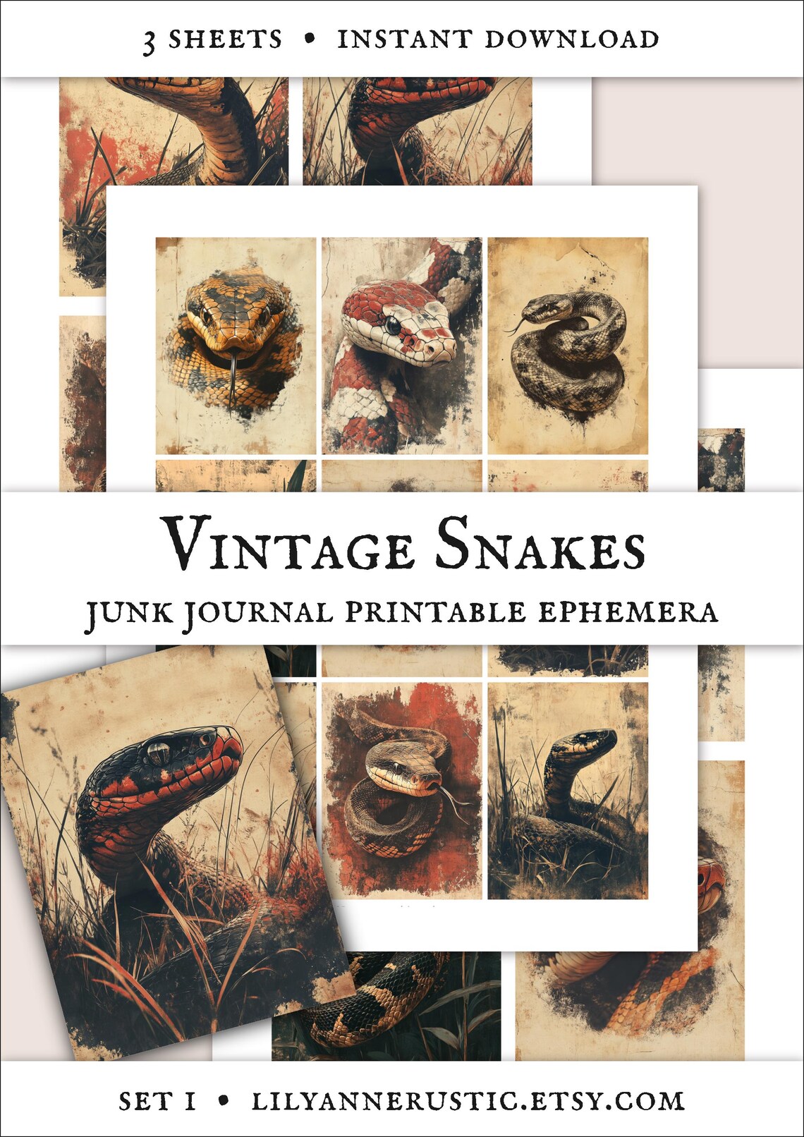Snake Journal Vintage Snake Ephemera Printable, Reptile Junk Journal Kit, Antique ...
