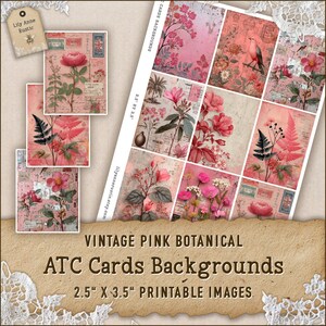 Pink Botanical ATC Backgrounds Printable | Floral Ephemera Cards | 2.5x3.5” Digital Collage Sheet for Junk Journals & Crafts
