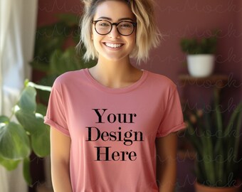 Bella Canvas 3001 Mauve Tshirt, BC3001 T-Shirt Mock up, Boho style Mockup,Pretty Female Model Mockup,Women Model,Crewneck Tee Mockup