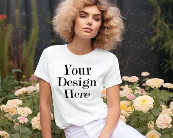 Bella Canvas 3001 White Tshirt, BC3001 T-Shirt Mock up outdoor at Flower Garden , Pretty Female Model Mockup, High Resolution Mockup