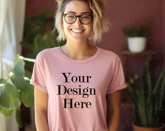 Bella Canvas 3001 Pink Tshirt, BC3001 T-Shirt Mock up, Boho style Mockup,Pretty Female Model Mockup,Women Model,Crewneck Tee Mockup