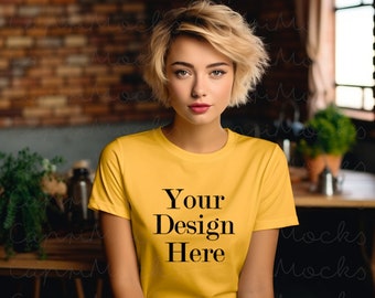 Bella Canvas 3001 Yellow Tshirt, BC3001 T-Shirt Mock up, Boho style Mockup,Pretty Female Model Mockup,Women Model,Crewneck Tee Mockup