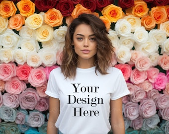 Bella Canvas 3001 White Tshirt, Social Media Influencer Floral Background, BC3001 White T-Shirt Mock up, Female Model Mockup