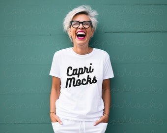 Bella Canvas 3001 White, Women Shirt Mockup,White Tshirt, Trendy Senior Model Mockup, Old Female Mockup Model, Elderly Female Mockup