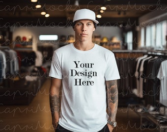 White Bella Canvas 3001, Mens Shirt Mockup, Male Styled Mockup, White Tshirt Mockup, Male Mockup Model, Indoor Mens Mockup, Sport Model