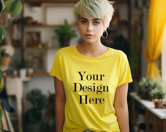 Bella Canvas 3001 Maize Yellow Tshirt, BC3001 T-Shirt Mock up, Boho style Mockup,Pretty Female Model Mockup,Women Model,Crewneck Tee Mockup