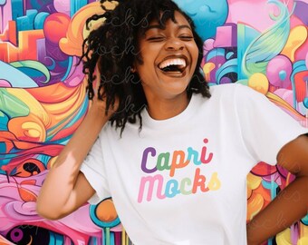 Bella Canvas 3001 White, Women Shirt Mockup, Hippy Styled Mockup, White Tshirt, Female Mockup Model, Black Model Mockup, Graffiti Backdrop