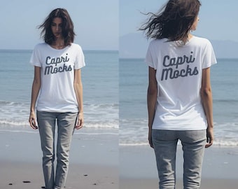 Bella Canvas 3001 White Tshirt, BC3001 T-Shirt Mock up, Front and Back Mockup, Pretty Female Model Mockup, Women Model, Sea beach Mockup