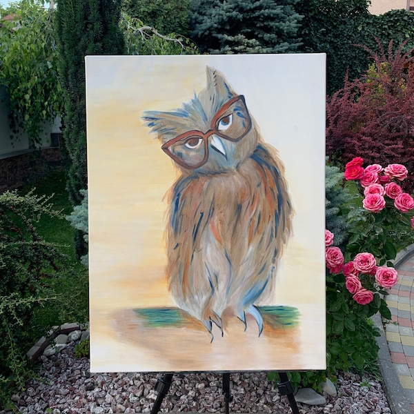 Tableau Le Regard Énigmatique : L'Hibou aux Lunettes | Peinture | Art