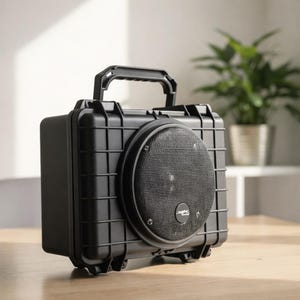 May include: A black portable speaker with a handle, encased in a rugged, rectangular case. The speaker has a circular mesh front and a small logo. The speaker is designed for outdoor use and is likely waterproof.